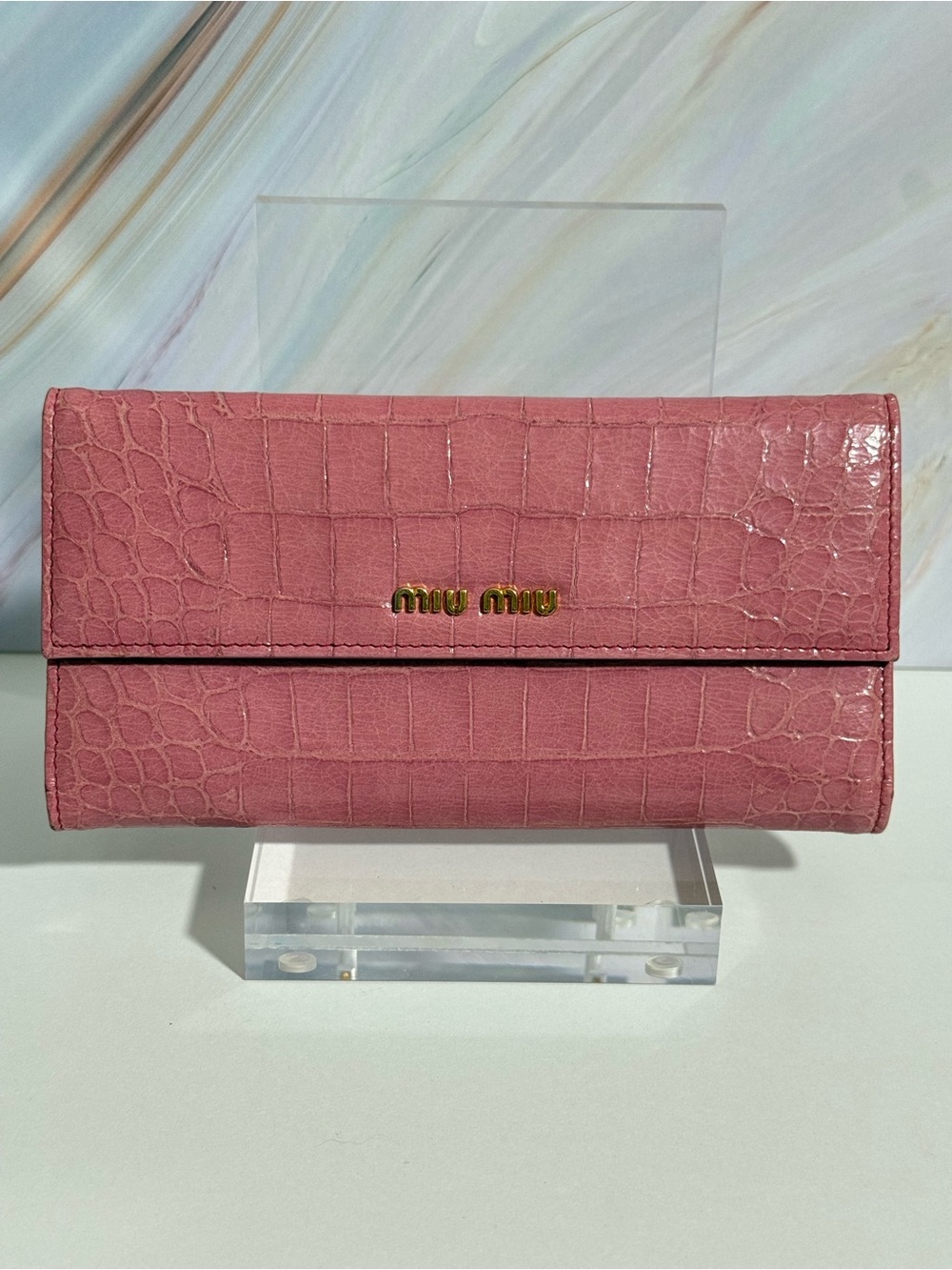 Miu Miu Pink Croc Embossed Leather Continental Flap Wallet